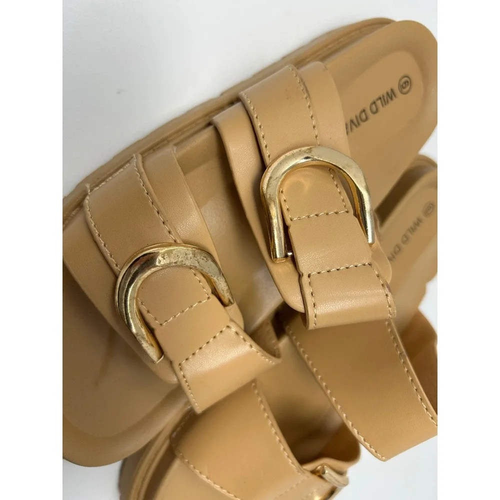 Wild Diva Lounge Tan Platform Slide Sandals Gold Buckle Double Strap Womens 6